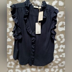 Dylan True Black Ruffle-Trim Sleeveless Blouse